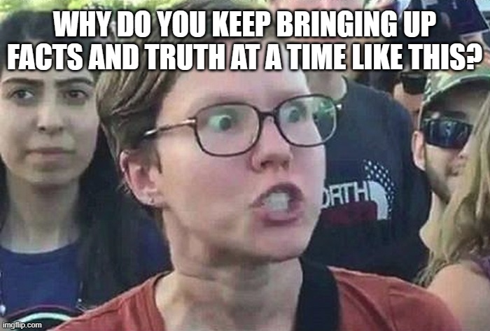 Triggered Liberal | WHY DO YOU KEEP BRINGING UP FACTS AND TRUTH AT A TIME LIKE THIS? | image tagged in triggered liberal | made w/ Imgflip meme maker
