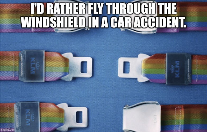 Gay seatbelts | I'D RATHER FLY THROUGH THE WINDSHIELD IN A CAR ACCIDENT. | image tagged in gay seatbelts | made w/ Imgflip meme maker