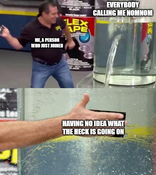 Flex Tape | EVERYBODY CALLING ME NOMNOM HAVING NO IDEA WHAT THE HECK IS GOING ON ME, A PERSON WHO JUST JOINED | image tagged in flex tape | made w/ Imgflip meme maker