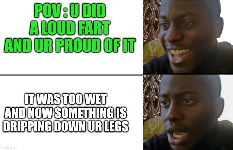 wet fart | POV : U DID A LOUD FART AND UR PROUD OF IT; IT WAS TOO WET AND NOW SOMETHING IS DRIPPING DOWN UR LEGS | image tagged in realization,wet fart | made w/ Imgflip meme maker