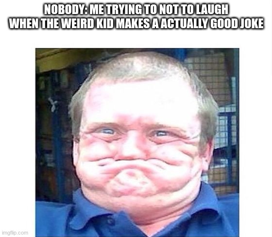 things | NOBODY: ME TRYING TO NOT TO LAUGH WHEN THE WEIRD KID MAKES A ACTUALLY GOOD JOKE | image tagged in when you're trying not to laugh at something stupid | made w/ Imgflip meme maker