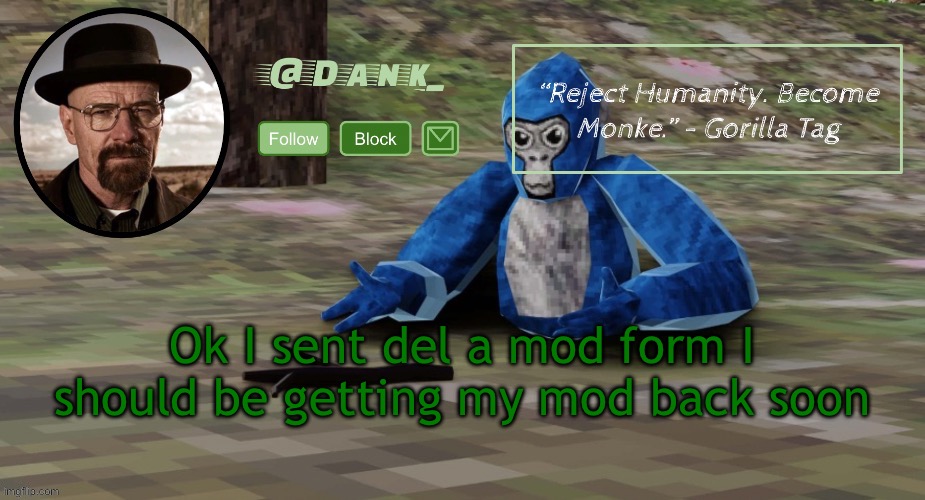 Gorilla Tag temp (by del) | Ok I sent del a mod form I should be getting my mod back soon | image tagged in gorilla tag temp by del | made w/ Imgflip meme maker