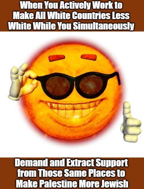 Greatest Allies Are Why We Can't Have White Things | When You Actively Work to 
Make All White Countries Less 
White While You Simultaneously; Demand and Extract Support 
from Those Same Places to 
Make Palestine More Jewish | image tagged in cool sun,israel,greatest ally,israel and america,hypocrisy,chutzpah | made w/ Imgflip meme maker