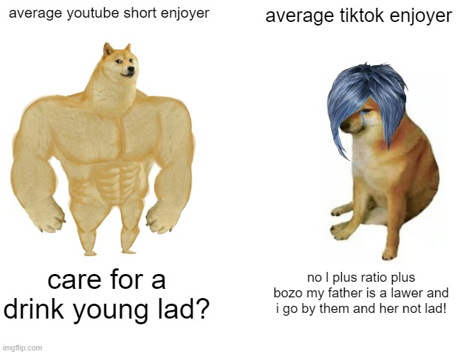 yt shot versus tiktok | average youtube short enjoyer; average tiktok enjoyer; care for a drink young lad? no l plus ratio plus bozo my father is a lawer and i go by them and her not lad! | image tagged in memes,buff doge vs cheems | made w/ Imgflip meme maker