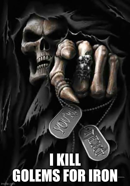 Grim Reaper | I KILL GOLEMS FOR IRON | image tagged in grim reaper | made w/ Imgflip meme maker