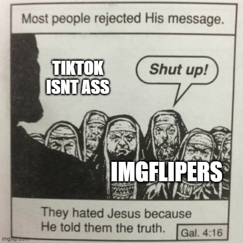 idk really | TIKTOK ISNT ASS; IMGFLIPERS | image tagged in they hated jesus because he told them the truth | made w/ Imgflip meme maker