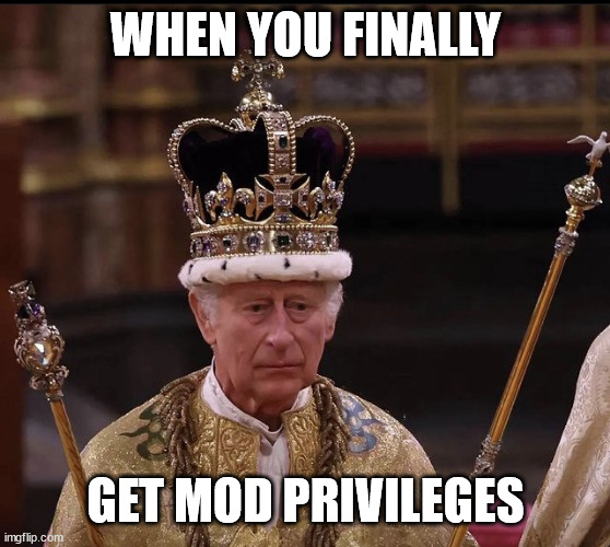 When you finally get mod privileges | WHEN YOU FINALLY; GET MOD PRIVILEGES | image tagged in king charles crown | made w/ Imgflip meme maker