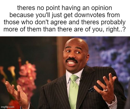 i hope i don't start a controversy | theres no point having an opinion because you'll just get downvotes from those who don't agree and theres probably more of them than there are of you, right..? | image tagged in memes,steve harvey,funny,fun,imgflip,internet | made w/ Imgflip meme maker