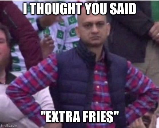 Random meme | I THOUGHT YOU SAID; "EXTRA FRIES" | image tagged in upset | made w/ Imgflip meme maker