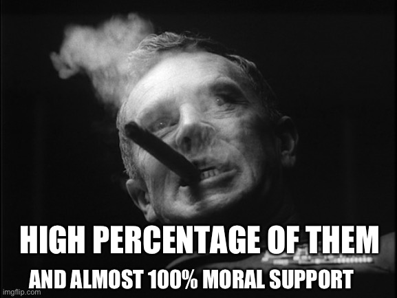General Ripper (Dr. Strangelove) | AND ALMOST 100% MORAL SUPPORT HIGH PERCENTAGE OF THEM | image tagged in general ripper dr strangelove | made w/ Imgflip meme maker