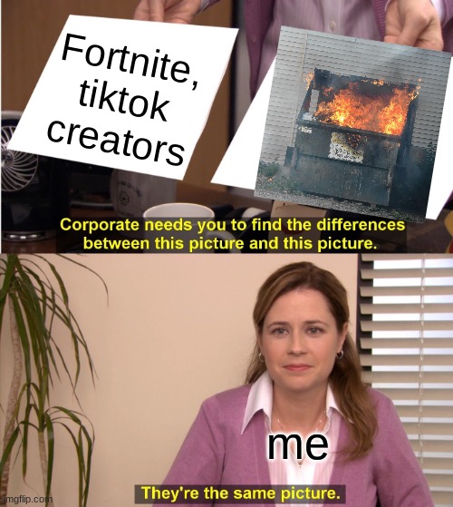 facts dude | Fortnite, tiktok creators; me | image tagged in memes,they're the same picture | made w/ Imgflip meme maker