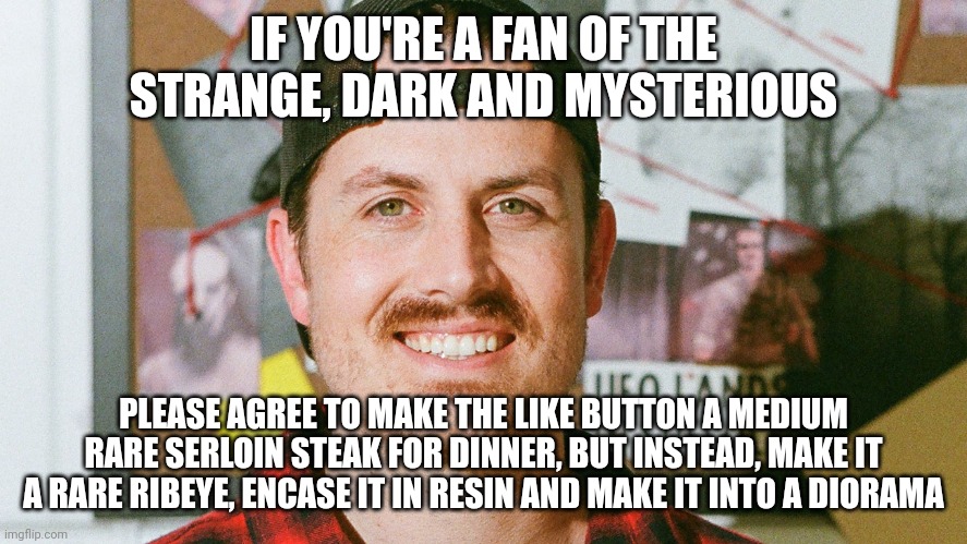 When you Don't even let the like button eat their steak | IF YOU'RE A FAN OF THE STRANGE, DARK AND MYSTERIOUS; PLEASE AGREE TO MAKE THE LIKE BUTTON A MEDIUM RARE SERLOIN STEAK FOR DINNER, BUT INSTEAD, MAKE IT A RARE RIBEYE, ENCASE IT IN RESIN AND MAKE IT INTO A DIORAMA | image tagged in mrballen like button skit | made w/ Imgflip meme maker