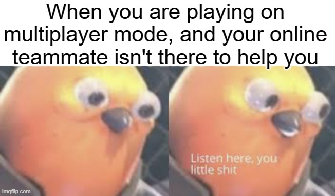 why does this happen to me. | When you are playing on multiplayer mode, and your online teammate isn't there to help you | image tagged in listen here you little shit bird,this tag is not important | made w/ Imgflip meme maker