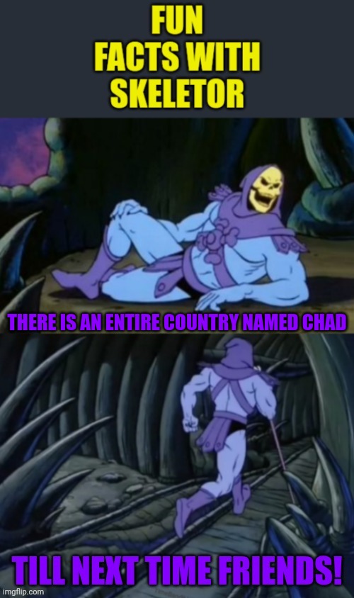 Fun facts with skeletor #10: chad | THERE IS AN ENTIRE COUNTRY NAMED CHAD | image tagged in fun facts with skeletor v 2 0,fun fact,skeletor,chad,africa,geography | made w/ Imgflip meme maker