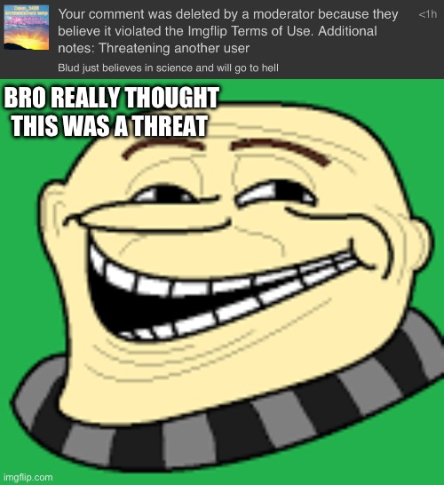This mans so goofy | BRO REALLY THOUGHT THIS WAS A THREAT | image tagged in gru troll face | made w/ Imgflip meme maker