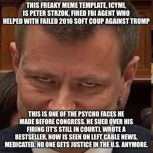 Face of the Deep State | THIS FREAKY MEME TEMPLATE, ICYMI, IS PETER STRZOK, FIRED FBI AGENT WHO HELPED WITH FAILED 2016 SOFT COUP AGAINST TRUMP; THIS IS ONE OF THE PSYCHO FACES HE MADE BEFORE CONGRESS. HE SUED OVER HIS FIRING (IT'S STILL IN COURT), WROTE A BESTSELLER, NOW IS SEEN ON LEFT CABLE NEWS, MEDICATED. NO ONE GETS JUSTICE IN THE U.S. ANYMORE. | image tagged in face of the deep state | made w/ Imgflip meme maker