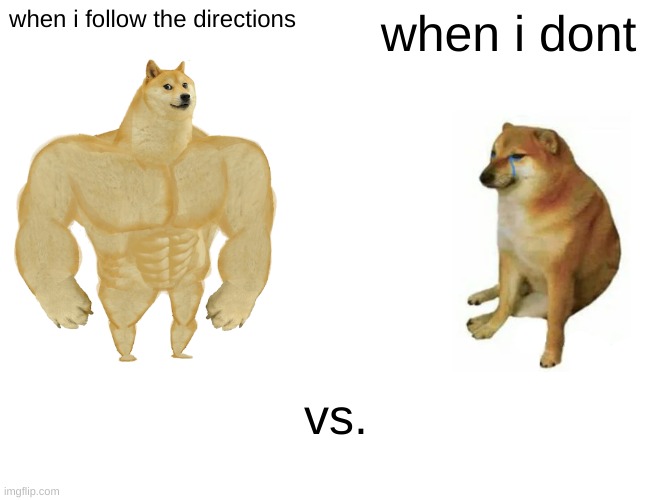 y does this always happen | when i follow the directions; when i dont; vs. | image tagged in memes,buff doge vs cheems | made w/ Imgflip meme maker