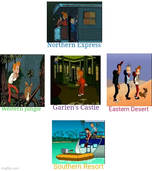 Klonoa 2: Dream Champ Tournament levels portrayed by Spirou (inspired by Spongebob comparison charts) | Northern Express; Garlen's Castle; Eastern Desert; Western Jungle; Southern Resort | image tagged in gaming | made w/ Imgflip meme maker