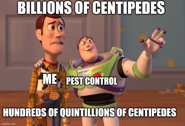So many centipedes!!!!! | BILLIONS OF CENTIPEDES; ME; PEST CONTROL; HUNDREDS OF QUINTILLIONS OF CENTIPEDES | image tagged in memes,x x everywhere | made w/ Imgflip meme maker