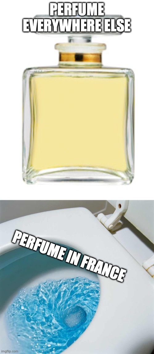 Eau de Toilette, get it? | PERFUME EVERYWHERE ELSE; PERFUME IN FRANCE | image tagged in perfume,blue toilet water,memes,french,funny,true | made w/ Imgflip meme maker