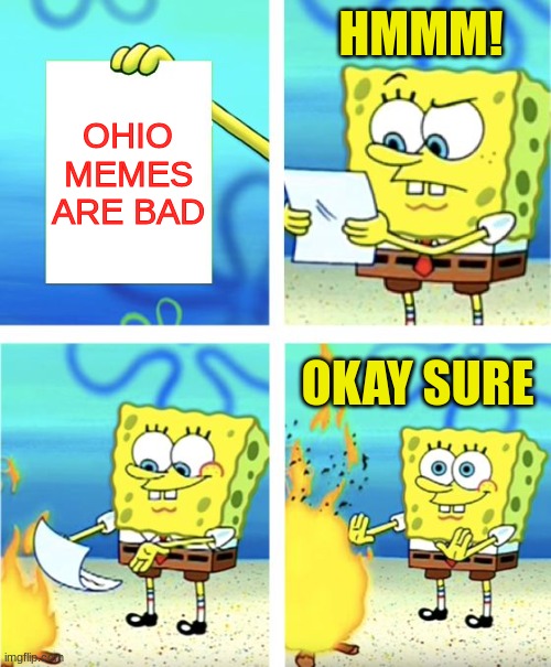 ohio meme | HMMM! OHIO MEMES ARE BAD; OKAY SURE | image tagged in spongebob burning paper | made w/ Imgflip meme maker