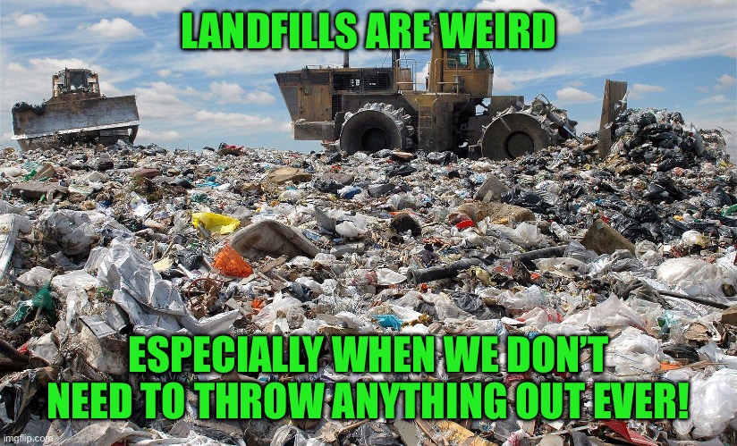 landfill | LANDFILLS ARE WEIRD; ESPECIALLY WHEN WE DON’T NEED TO THROW ANYTHING OUT EVER! | image tagged in landfill | made w/ Imgflip meme maker