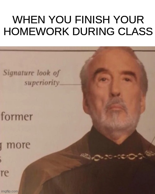 *insert gigachad music here* | WHEN YOU FINISH YOUR HOMEWORK DURING CLASS | image tagged in signature look of superiority | made w/ Imgflip meme maker