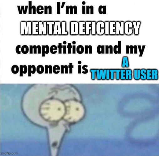 oh no | MENTAL DEFICIENCY; A TWITTER USER | image tagged in whe i'm in a competition and my opponent is | made w/ Imgflip meme maker