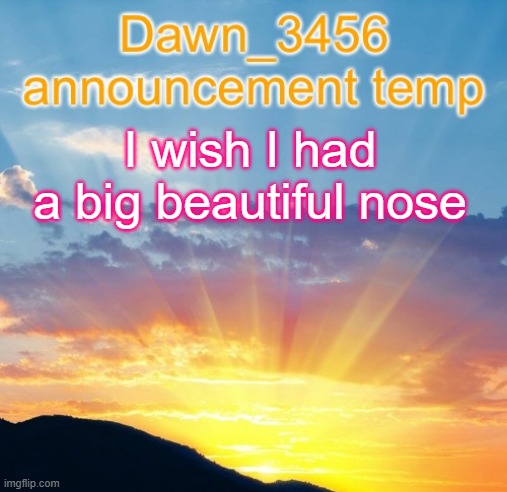 Dawn_3456 announcement | I wish I had a big beautiful nose | image tagged in dawn_3456 announcement | made w/ Imgflip meme maker