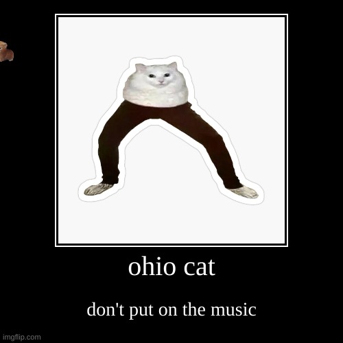 help me | ohio cat | don't put on the music | image tagged in funny,demotivationals | made w/ Imgflip demotivational maker