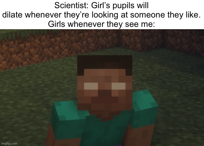 *Menacing Herobrine sounds* | Scientist: Girl’s pupils will dilate whenever they’re looking at someone they like.
Girls whenever they see me: | image tagged in herobrine staring at u,minecraft,fun,memes,funny memes,funny | made w/ Imgflip meme maker