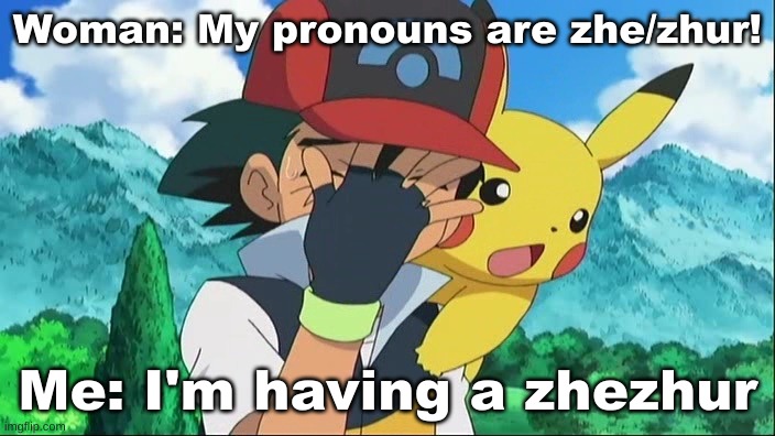 SHHSHSHHEHEUEUEUUIEUUEUJRuruuru | Woman: My pronouns are zhe/zhur! Me: I'm having a zhezhur | image tagged in ash ketchum facepalm | made w/ Imgflip meme maker