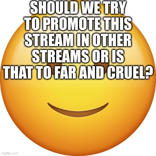 should we? | SHOULD WE TRY TO PROMOTE THIS STREAM IN OTHER STREAMS OR IS THAT TO FAR AND CRUEL? | image tagged in smiley emoji,i need to know | made w/ Imgflip meme maker