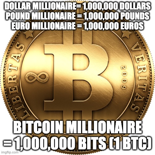 Bitcoin Millionaire | DOLLAR MILLIONAIRE= 1,000,000 DOLLARS
POUND MILLIONAIRE = 1,000,000 POUNDS
EURO MILLIONAIRE = 1,000,000 EUROS; BITCOIN MILLIONAIRE = 1,000,000 BITS (1 BTC) | image tagged in bitcoin | made w/ Imgflip meme maker