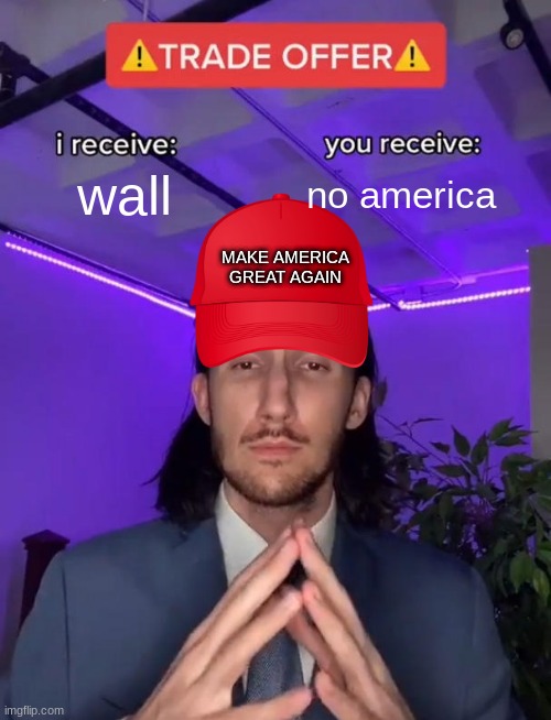 WE NEED TO BUILD A WALL! | wall; no america; MAKE AMERICA GREAT AGAIN | image tagged in trade offer,country,dark humor,border,america | made w/ Imgflip meme maker