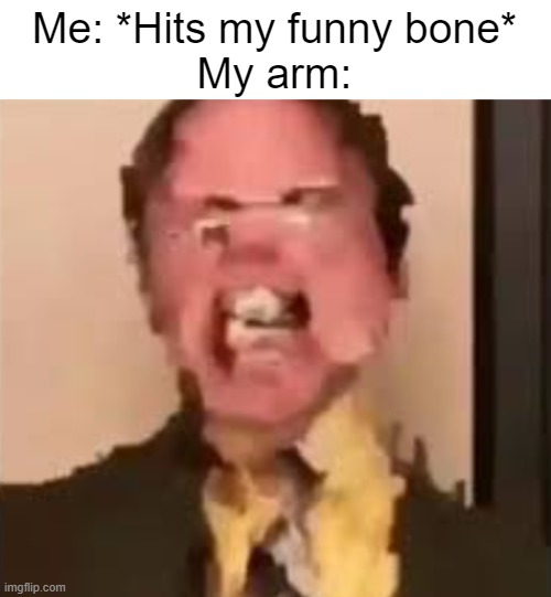 I couldn't think of a good title | Me: *Hits my funny bone*
My arm: | image tagged in dwight screaming,funny,relatable | made w/ Imgflip meme maker