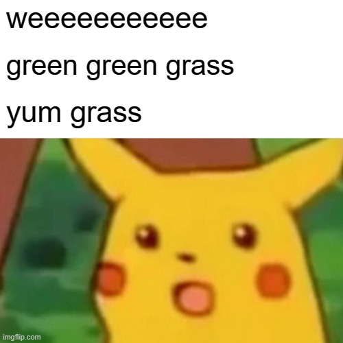 Surprised Pikachu | weeeeeeeeeee; green green grass; yum grass | image tagged in memes,surprised pikachu | made w/ Imgflip meme maker