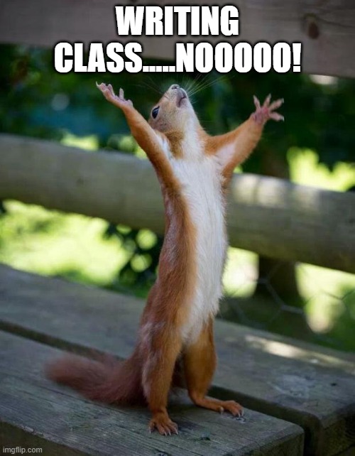 Happy Squirrel | WRITING CLASS.....NOOOOO! | image tagged in happy squirrel | made w/ Imgflip meme maker