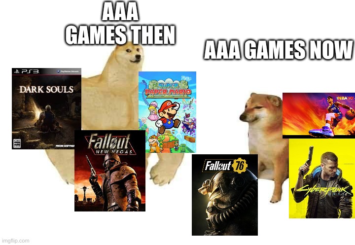 this doesn't apply to ALL AAA games, i just miss creativity | AAA GAMES THEN; AAA GAMES NOW | image tagged in doge then and now,indie games,aaa games,then vs now | made w/ Imgflip meme maker
