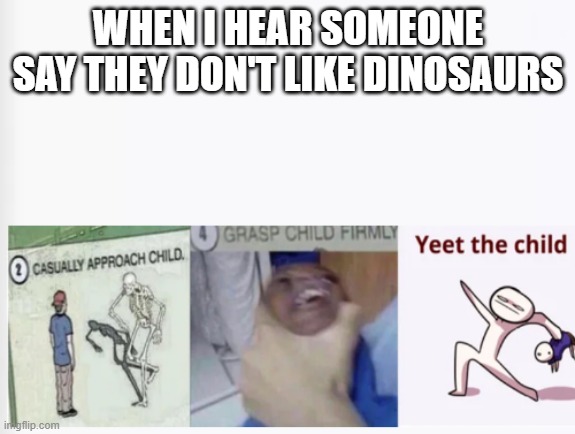 Casually Approach Child, Grasp Child Firmly, Yeet the Child | WHEN I HEAR SOMEONE SAY THEY DON'T LIKE DINOSAURS | image tagged in casually approach child grasp child firmly yeet the child | made w/ Imgflip meme maker