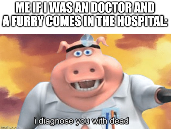 I diagnose you with dead | ME IF I WAS AN DOCTOR AND A FURRY COMES IN THE HOSPITAL: | image tagged in i diagnose you with dead,memes,anti furry,hospital,doctor | made w/ Imgflip meme maker