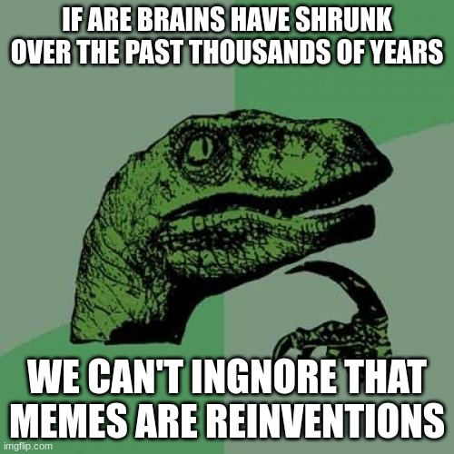 Philosoraptor Meme | IF ARE BRAINS HAVE SHRUNK OVER THE PAST THOUSANDS OF YEARS; WE CAN'T INGNORE THAT MEMES ARE REINVENTIONS | image tagged in memes,philosoraptor | made w/ Imgflip meme maker