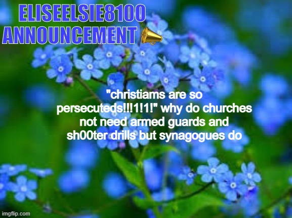 EliseElsie8100 Announcement | "christiams are so persecuteds!!!1!1!" why do churches not need armed guards and sh00ter drills but synagogues do | image tagged in eliseelsie8100 announcement | made w/ Imgflip meme maker