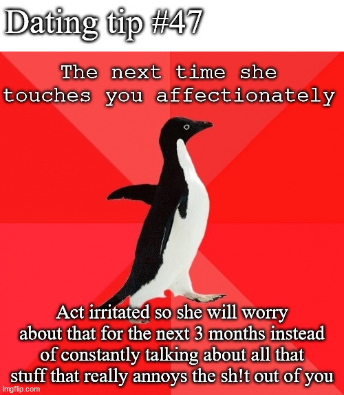 Follow me for more bs dating advice that won't help | Dating tip #47; The next time she touches you affectionately; Act irritated so she will worry about that for the next 3 months instead of constantly talking about all that stuff that really annoys the sh!t out of you | image tagged in memes,socially awesome penguin,dating,relationships | made w/ Imgflip meme maker