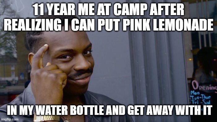 Roll Safe Think About It | 11 YEAR ME AT CAMP AFTER REALIZING I CAN PUT PINK LEMONADE; IN MY WATER BOTTLE AND GET AWAY WITH IT | image tagged in memes,roll safe think about it | made w/ Imgflip meme maker