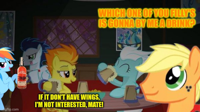 Pony racists | WHICH ONE OF YOU FILLY'S IS GONNA BY ME A DRINK? IF IT DON'T HAVE WINGS, I'M NOT INTERESTED, MATE! | image tagged in pegasi,are racist,against,earth ponies,lol,mlp | made w/ Imgflip meme maker