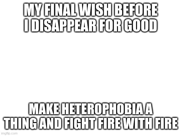 MY FINAL WISH BEFORE I DISAPPEAR FOR GOOD; MAKE HETEROPHOBIA A THING AND FIGHT FIRE WITH FIRE | made w/ Imgflip meme maker