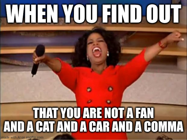 Oprah You Get A | WHEN YOU FIND OUT; THAT YOU ARE NOT A FAN AND A CAT AND A CAR AND A COMMA | image tagged in memes,oprah you get a | made w/ Imgflip meme maker