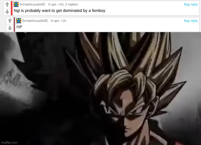 nuh uh | image tagged in goku staring,shitpost,msmg,oh wow are you actually reading these tags | made w/ Imgflip meme maker