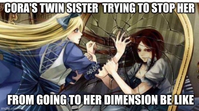 Something that happened in my story that I'm writing | CORA'S TWIN SISTER  TRYING TO STOP HER; FROM GOING TO HER DIMENSION BE LIKE | image tagged in memes | made w/ Imgflip meme maker